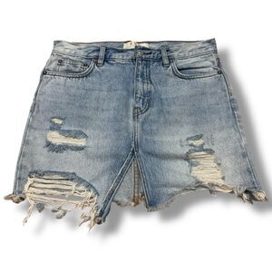 We The Free Free People Denim Mini Skirt Womens 27 Distressed Front Slit